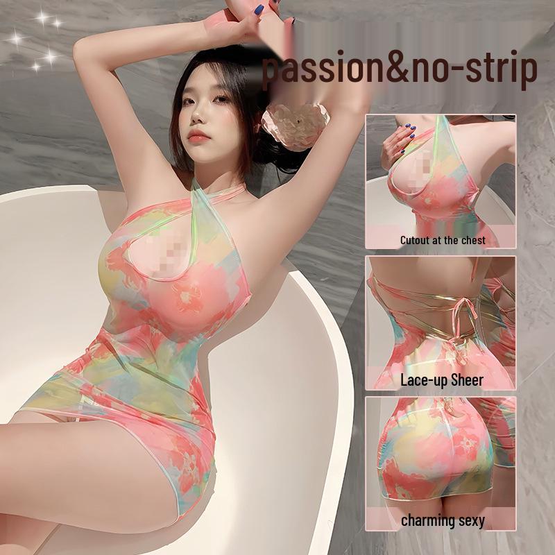 Jiuli Qingchuan Colorful Lingerie Strappy Dress: Sweet Easy-Off Temptation Pajamas with Hip-Hugging Skirt.