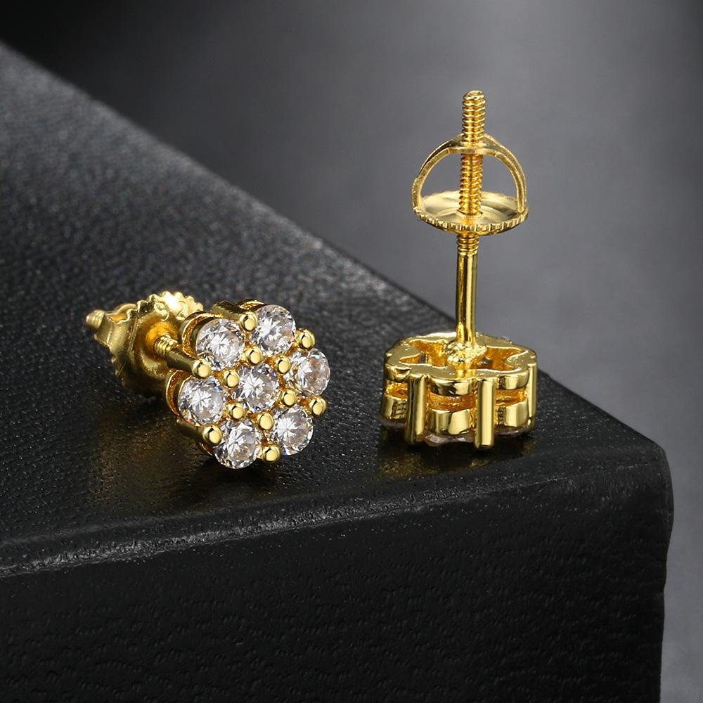 Blumen Iced Out CZ Ohrringe Goldfarbe Hip Hop Schraubohrstecker Für Damen Herren Cool Punk Hip Hop Schmuck Geschenke Großhandel OHE175