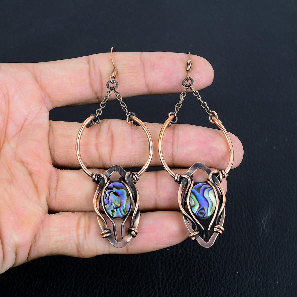 Abalone Shell 999 Copper Wire Wrapped Earrings, Handmade Gemstone Earrings Jewelry, Gifts For Wife Brand New Earrings