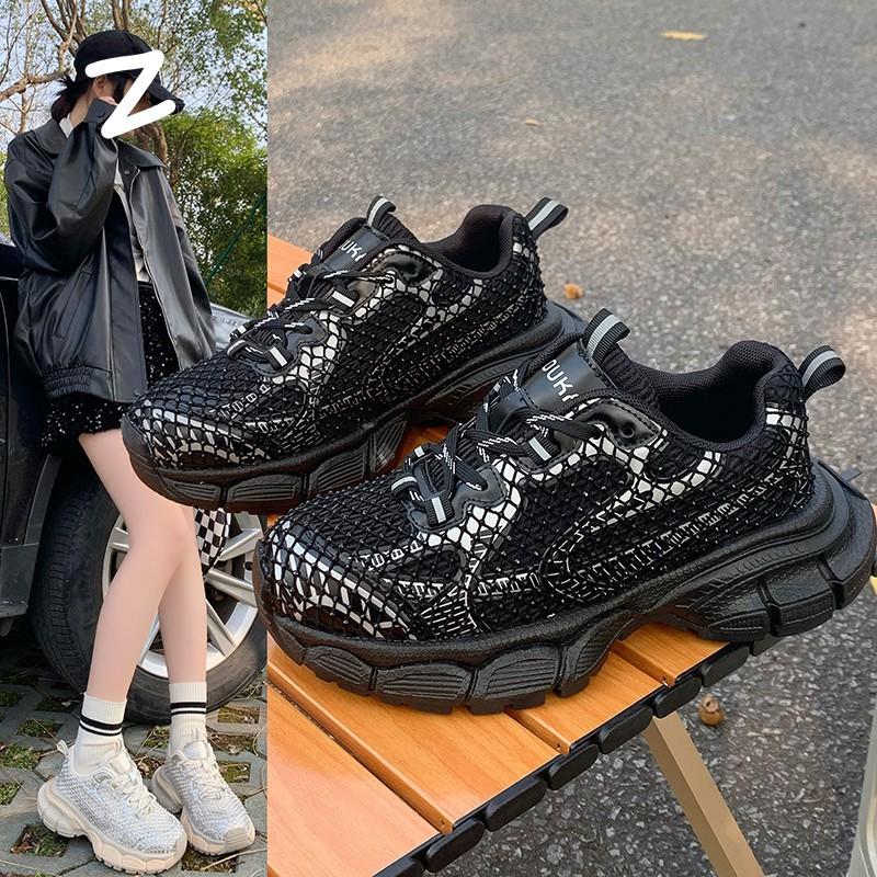 Rhinestone dad shoes women's 2025 spring new Internet celebrities with the same lace-up thick sole heightening versatile sports shoes casual shoes
