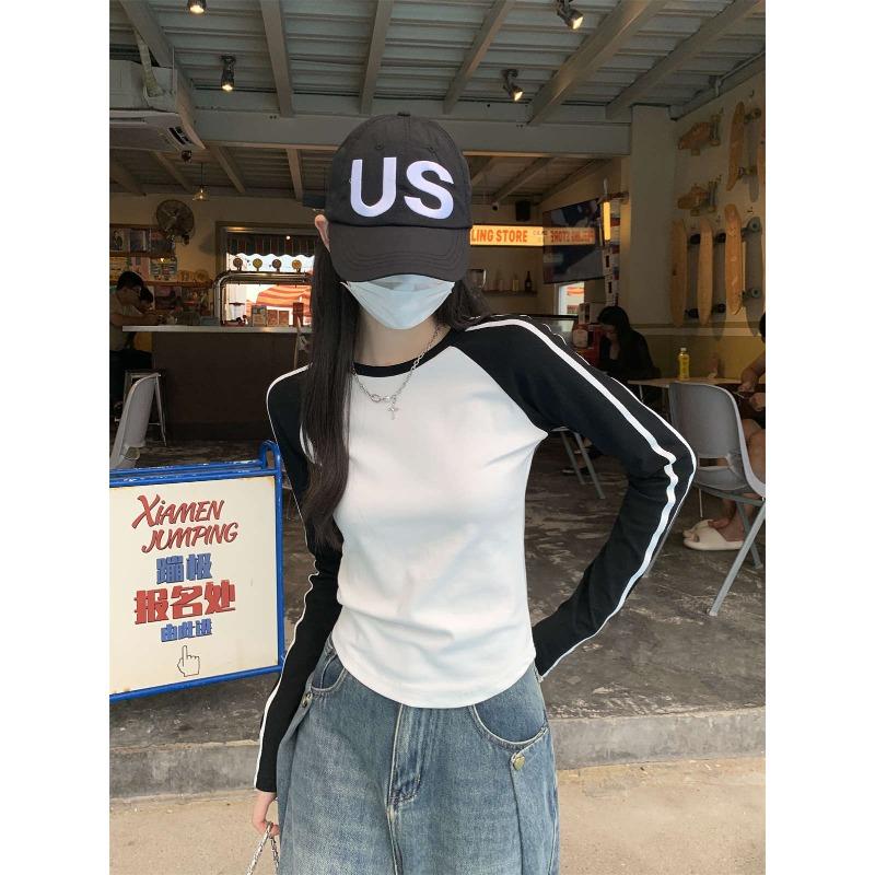 

Contrasting color splicing long-sleeved bottoming shirt women s spring design bar bar sweet cool top slim-fit shirt L белый