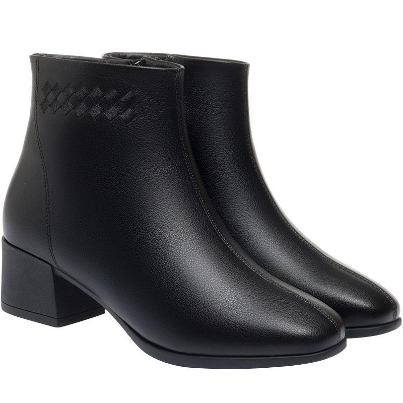 Square Head Short Boots Women's Spring and Autumn Single Boots, New Martin Boots Autumn and Winter Soft Leather Velvet Boots Professional Women's Boot