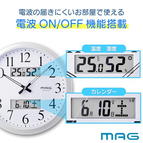 MAG Wall Clock, Analog, Radio-Controlled, Radio Wave Reception ON/OFF, Diameter 34.0cm, Temperature, Humidity, Environmental Guidelines, Calendar, Rok