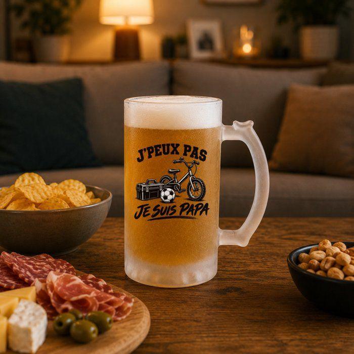 Chope / Verre à bière - PLANETEE - J'peux pas je suis Papa (minimaliste) - Verre trempé givré - 470 ml - Anse recto verso