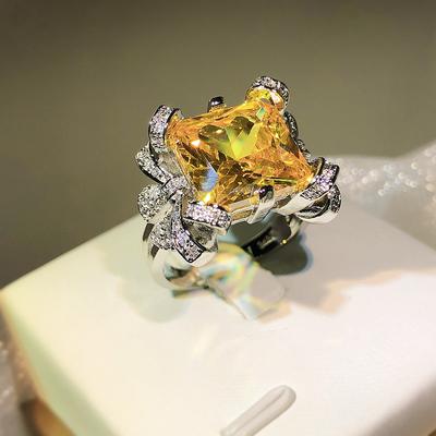 Light Luxury Diamond Yellow Princess Square Ice Flower Cut High Carbon Diamond Opening Ring