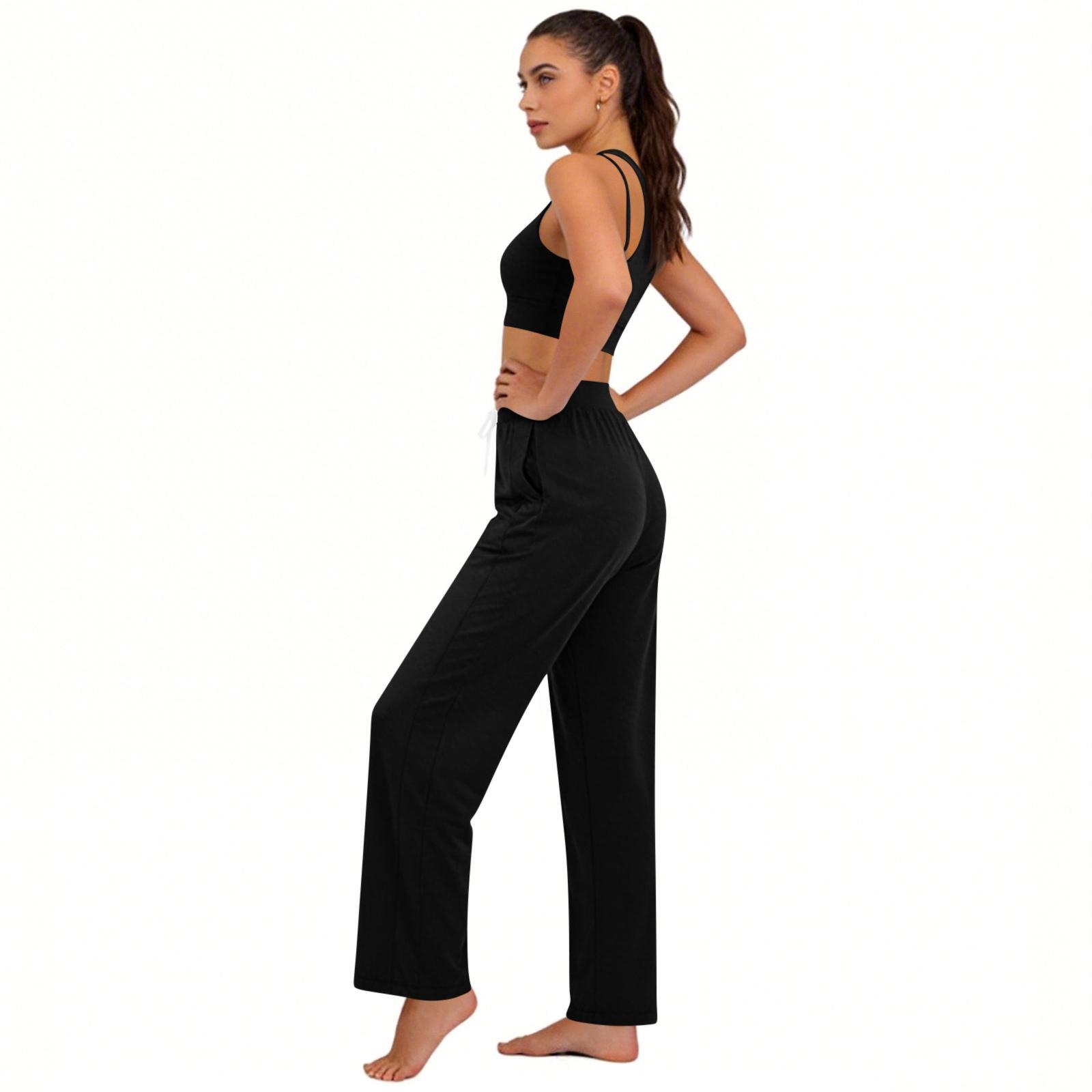 Women s Casual Fashion Ice Silk Sunscreen Breathable Elastic Long Pants L чёрный