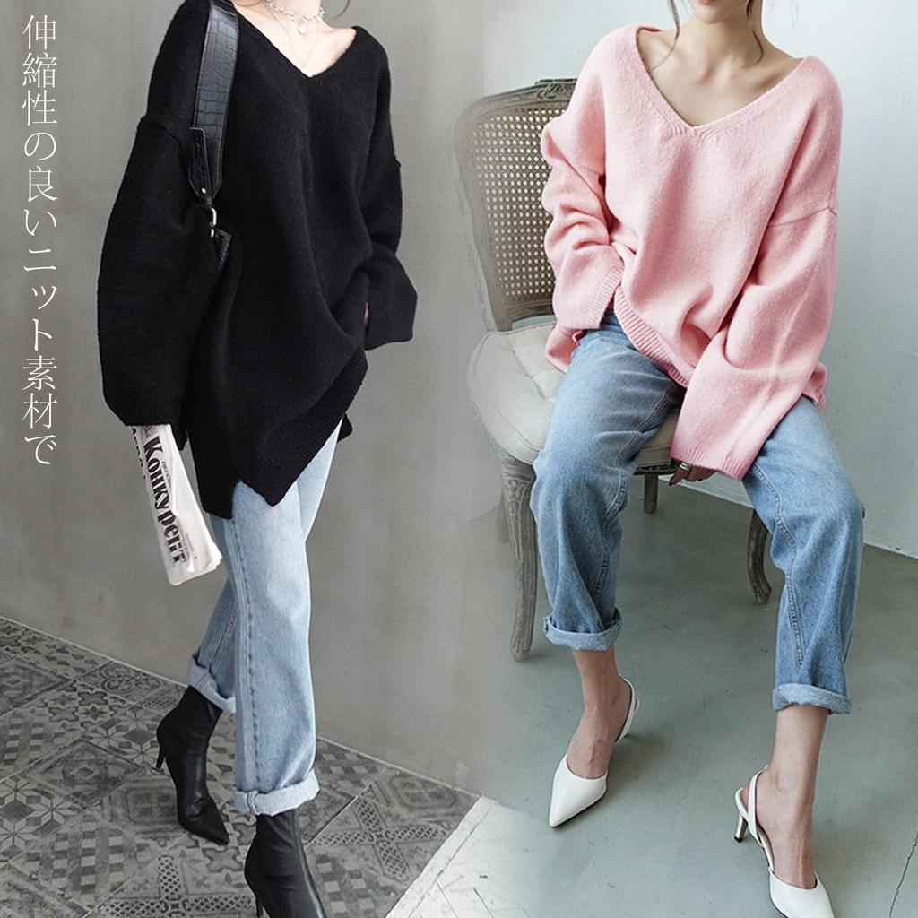 Knit Long Solid Loose [POGCZMKK] Women's Sweater, V-Neck, Sleeve, Pullover, Elegant, Thick, Warm, Color, Fit, Figure-Flattering, Cute, Commuting,