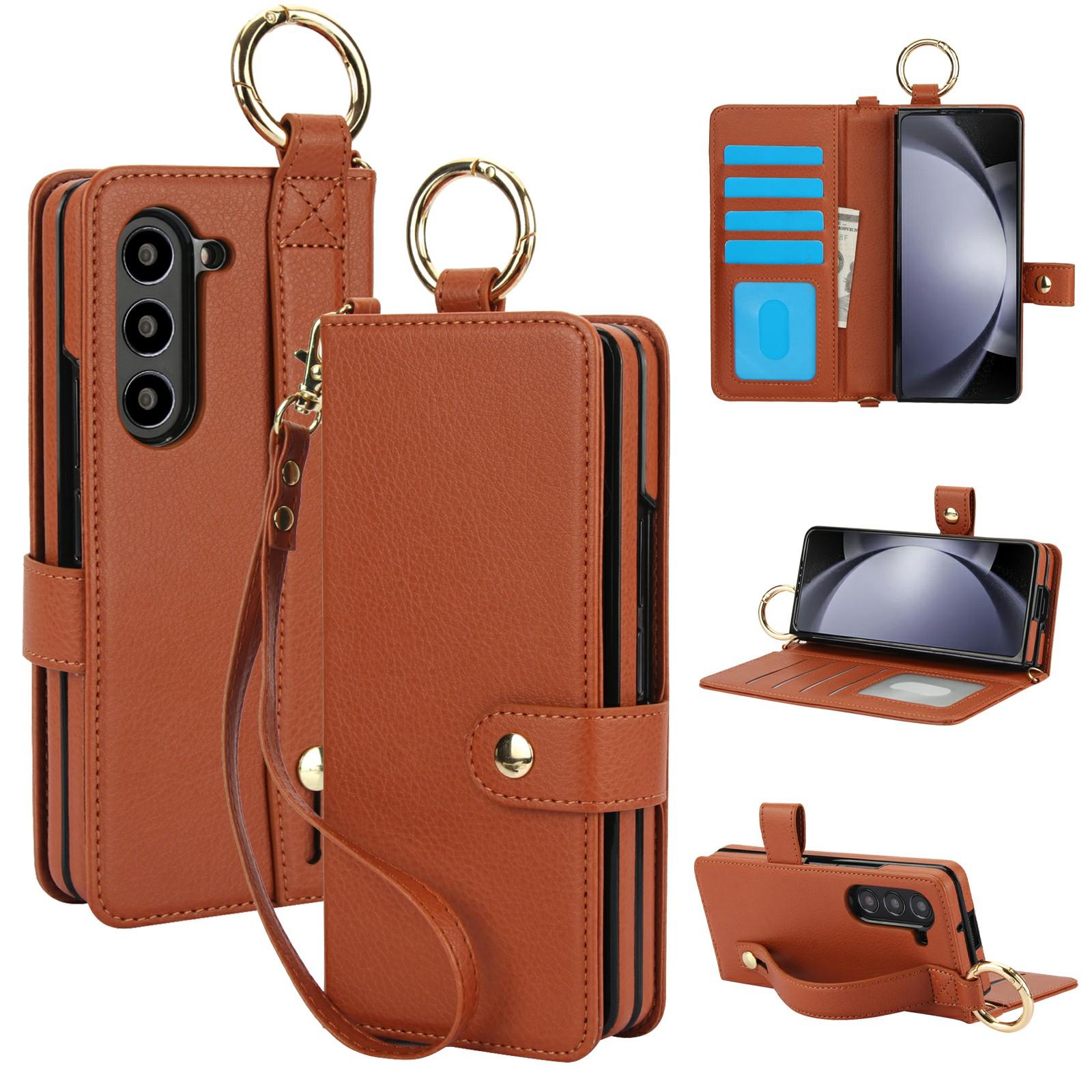 

For Samsung Galaxy Z Fold6 5G Case Wrist Band Kickstand PU Leather Wallet Phone Cover with Shoulder Strap Brown