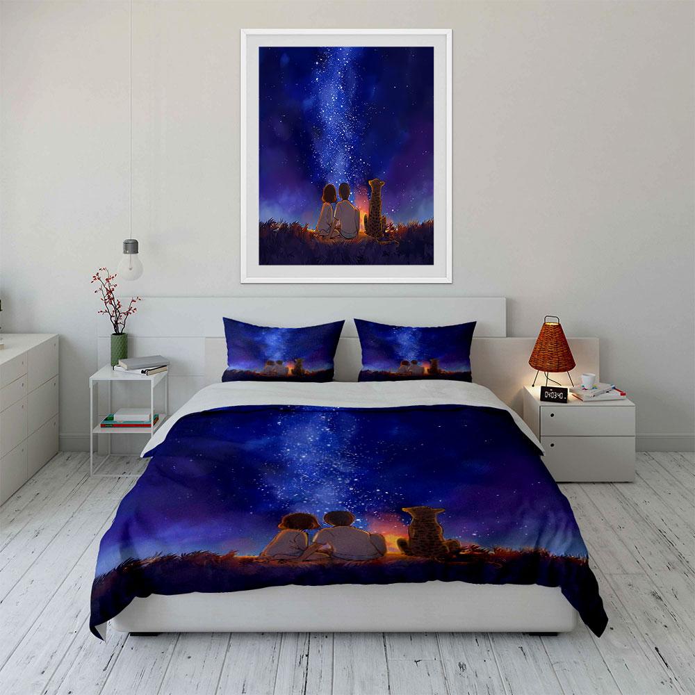 Starry Night Camping Scene Bedding Duvet Cover Set Duvet Cover Pillowcases  (1*Duvet Cover 2*Pillowcases, without duvet insert)