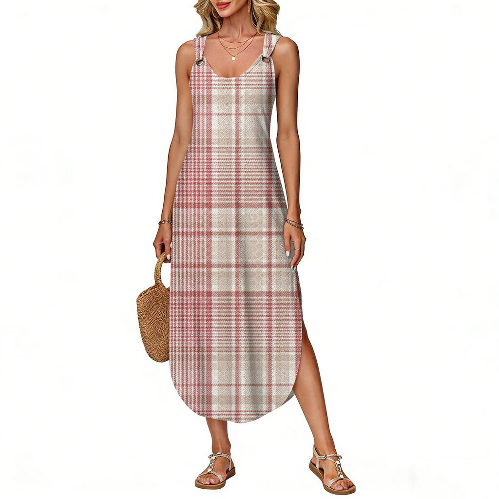 Women's Summer Long Dress, Sleeveless with Side Slits, Long Plaid Printed Vest Dress