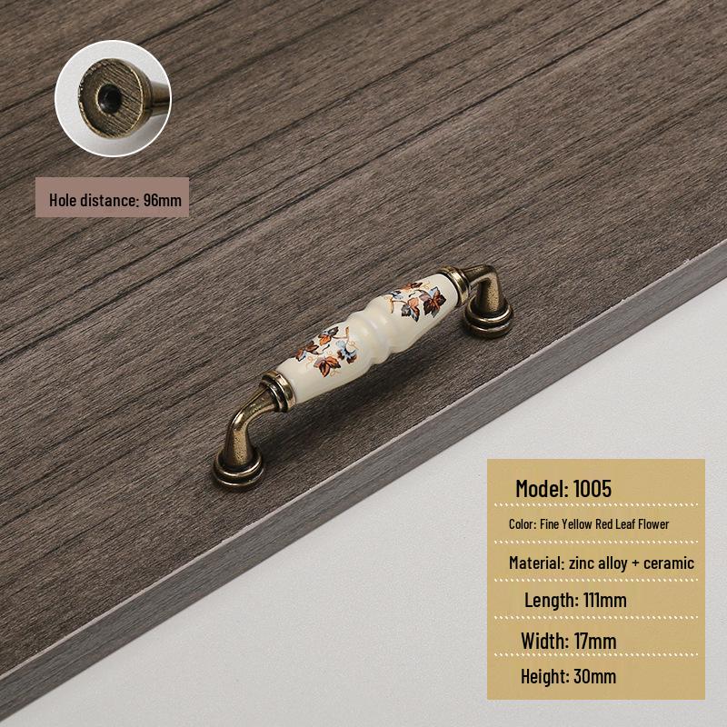 Starožitná hnědá červená a zelená listová keramická venkovská úchytka zásuvky skříňky