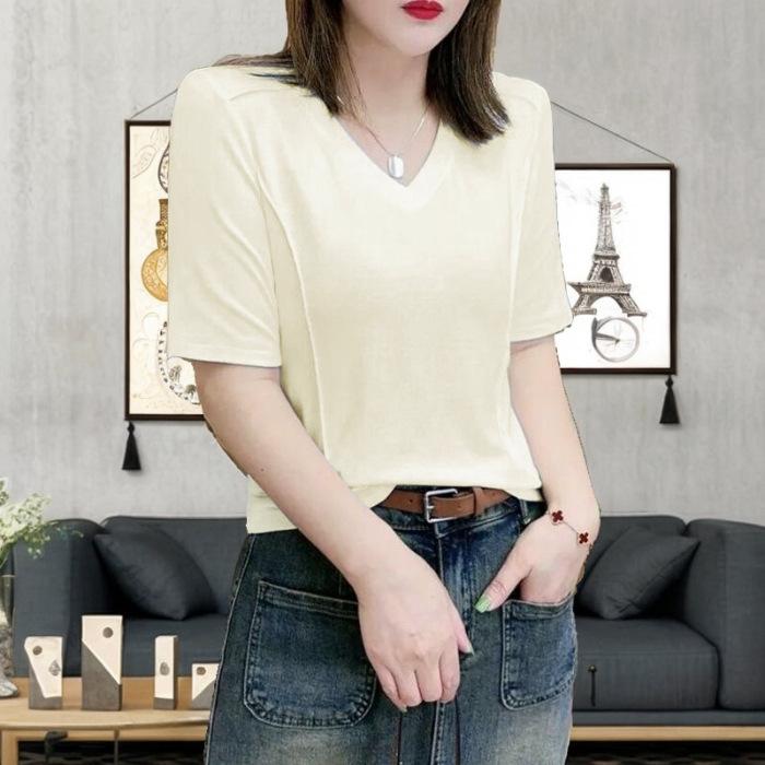 Women's Short-sleeved T-shirt for Women In The Summer New Design, Slim and Versatile Fish Bone V-neck Top for Women