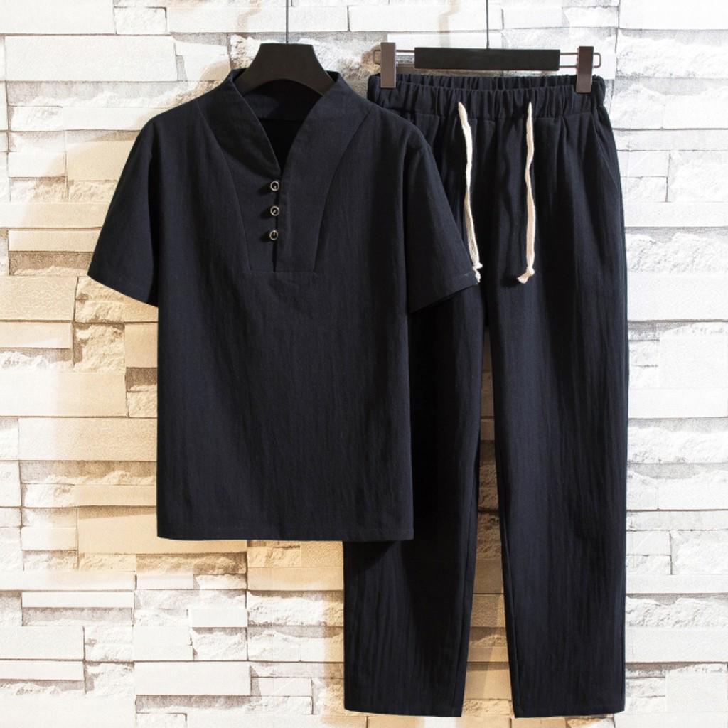 Men's Baggy Cotton Linen Pocket Solid Short Sleeve Retro T Shirts Top Pant 