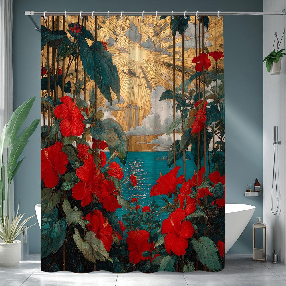 

1pc Sunshine Floral Shower Curtain, Bathtub Divider Hanging Fabric with Vibrant Red Flowers and Nature Scenery, Bright Blooms 90x180cm