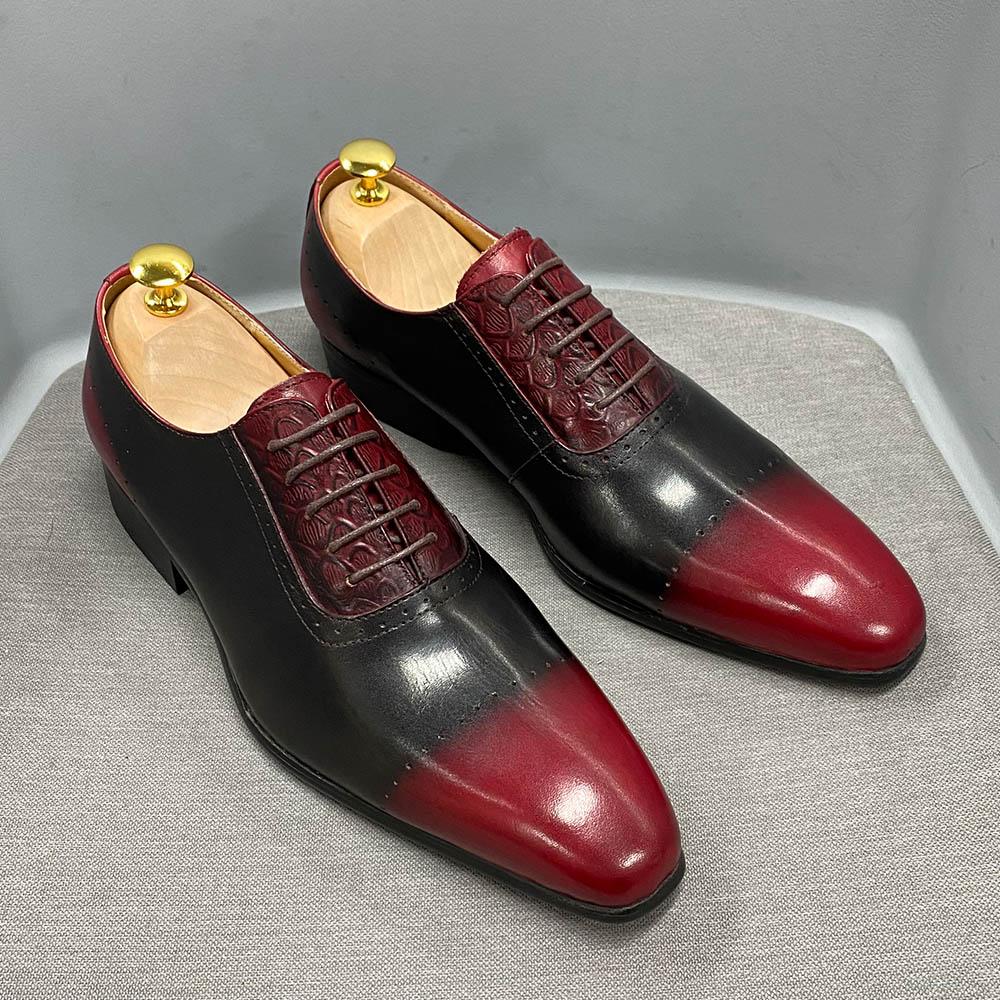 Luxury Brand Men Genuine Cow Leather Oxford Shoes Pointed Toe Red/Black Formal Dress Shoes Lace-Up Office Wedding Shoes for Men