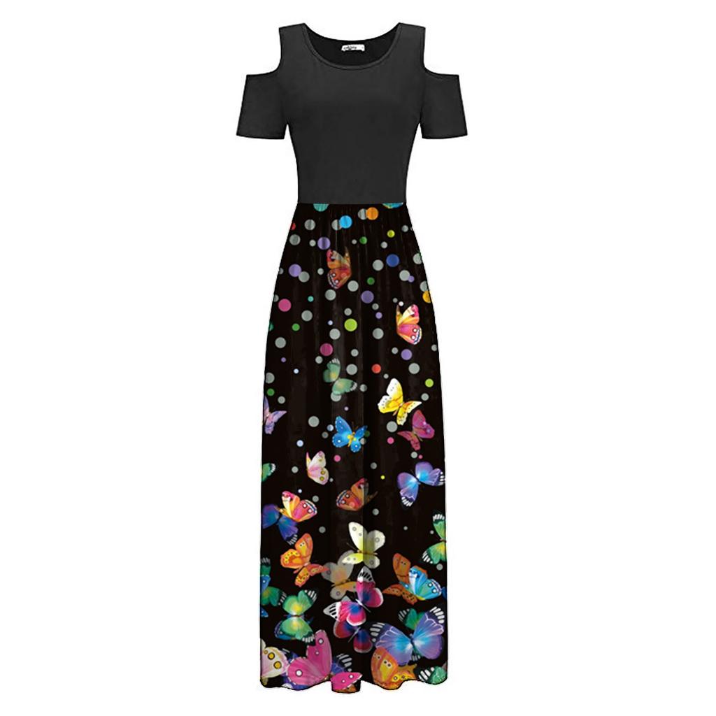 Women' Cold Shoulder Pocket Floral Print Elegant Maxi Short Sleeve Casual Dress
