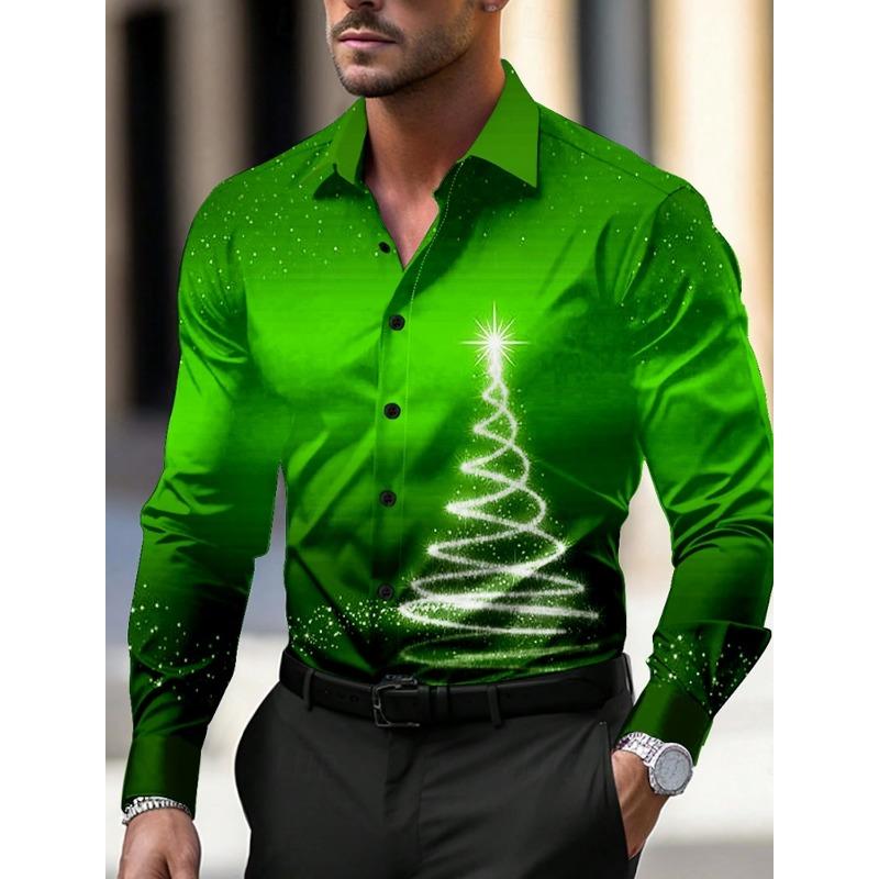 Camicie da Uomo a Tema Natalizio con Stampa Alberi di Natale Grafiche Degradé Fiocchi di Neve Camicie a Manica Lunga Button-Up Top alla Moda
