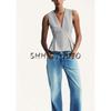Autumn New Women's Clothing Pleated Decoration V-neck Sleeveless Vest Cropped Short Skirt Hem Tops 2180131