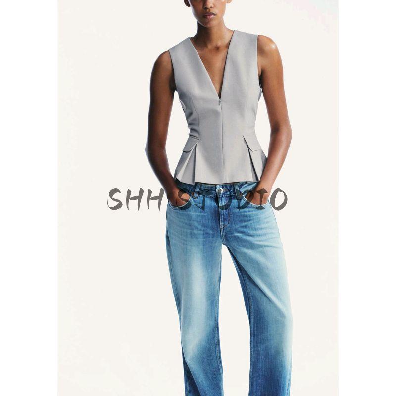 Autumn New Women's Clothing Pleated Decoration V-neck Sleeveless Vest Cropped Short Skirt Hem Tops 2180131