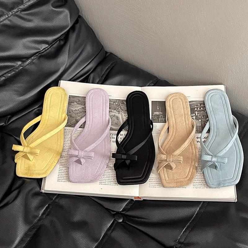 French thick heel sandals new bow cover toe cool slippers summer fairy wind vacation stepping on shit flip-flops sandals