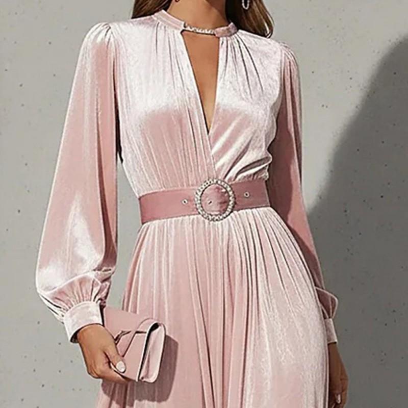 Womens Solid Color V-Neck Velvet Long Sleeve Fitted Waist A-Line Maxi Dress With Ruched Detail