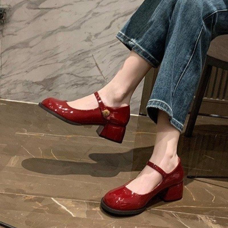 2025 Women's Round Toe One-Strap Mary Jane Shoes Spring Autumn Thick Heel Genuine Leather Mid-Heel Low-Cut High Heels