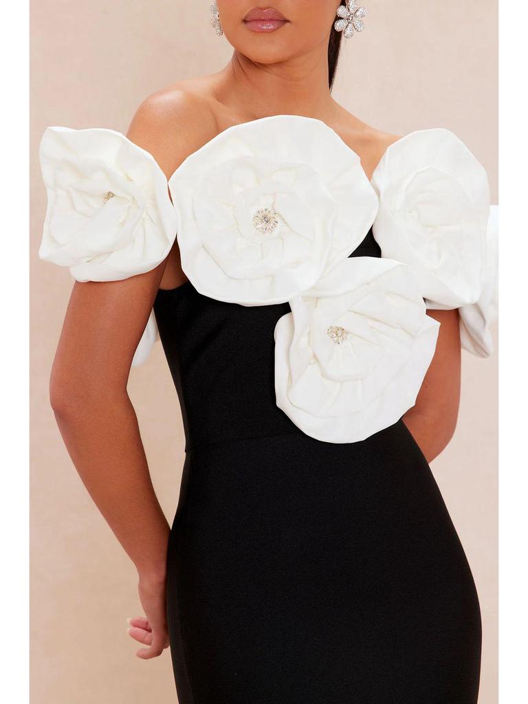 White Floral Black Bodycon Evening Dress with Back Slit – Sleeveless European & American Fashion Slimming Design