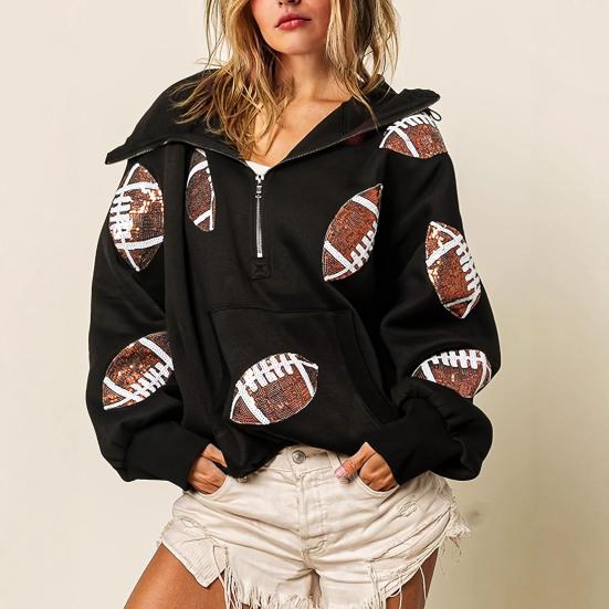 Hooded Sweatshirt for Women Half Zip Oversized Hoodies with Sequin Rugby Print Fall Casual Pullover Tops with Pockets