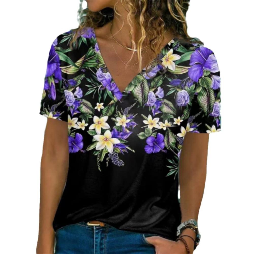 

Летняя новая женская футболка с 3D-цветочным принтом, V-образным вырезом, коротким рукавом, модная свободная женская футболка, женская футболка 2000 года XXXL