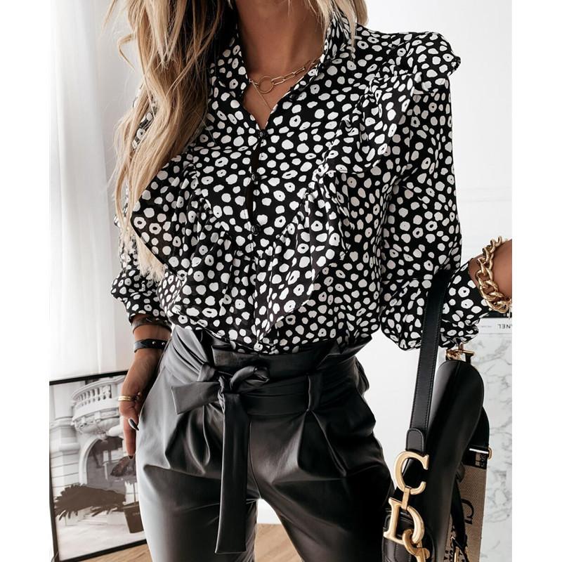 

Весенне-осенняя женская блузка с длинными рукавами и оборками, повседневные модные топы в стиле OL с v-образным вырезом, модные топы, рубашки