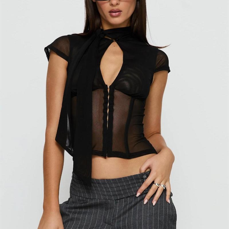 European and American Summer Sexy Women's Round Neck Hollow Mesh Splicing Bow T-shirt