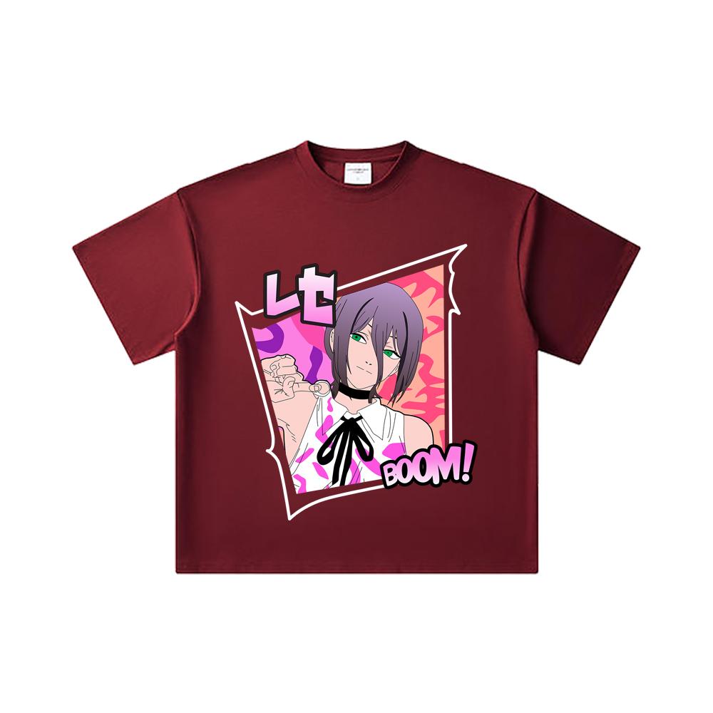 

260 GSM Double Yarn 32 Count 100% Cotton Chainsaw Man V53 Reze Print Unisex Heavy Cotton T Shirt 2XL вина червоного кольору