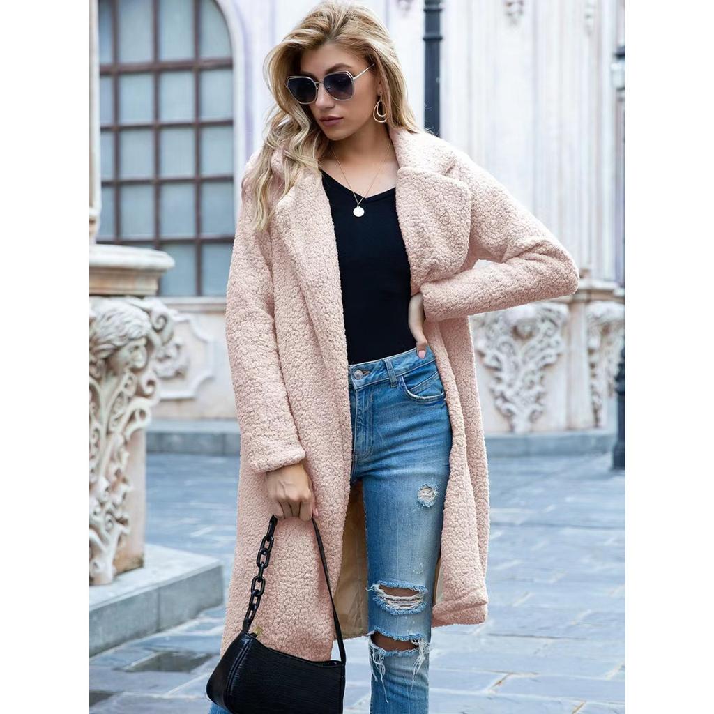 Ladies', Medium Length, Lapel, Woolen Jacket, Long Sleeved, Solid Color, Loose Fit, Casual Jacket