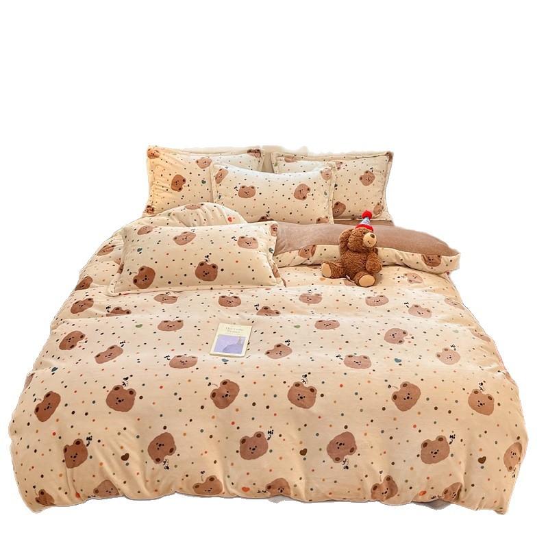 Thickened Milk Fleece Four-Piece Set, Coral Flannel Quilt Cover, Double-Sided Fleece Bed Sheet Quilt Cover, Bed Hat Three-Piece Set