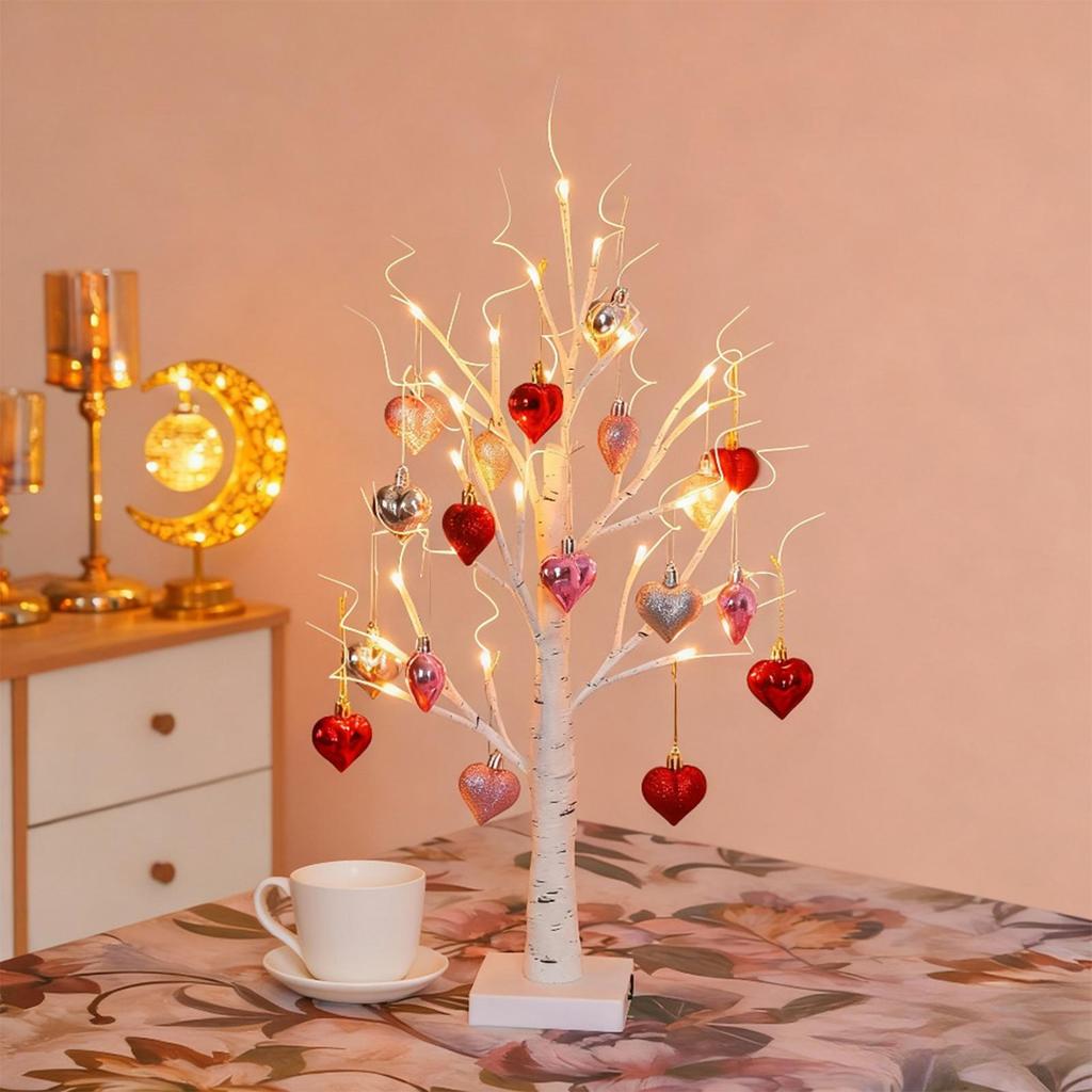 24 LED Valentine Tree Romantic Glow Birch Decoration with Timer For Home Party LED Lamp Light Tree with 18 Heart Ornaments