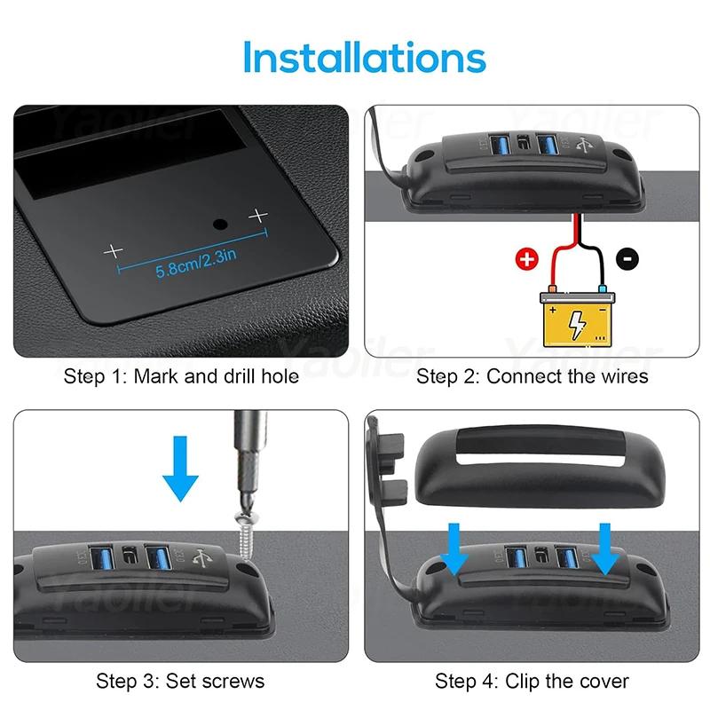 12V USB Outlet 66W Car Charger Socket 3 Ports Dual 18W QC3.0 Dual 30W PD3.0 Waterproof Power Outlet for Car Truck Golf RV Marine