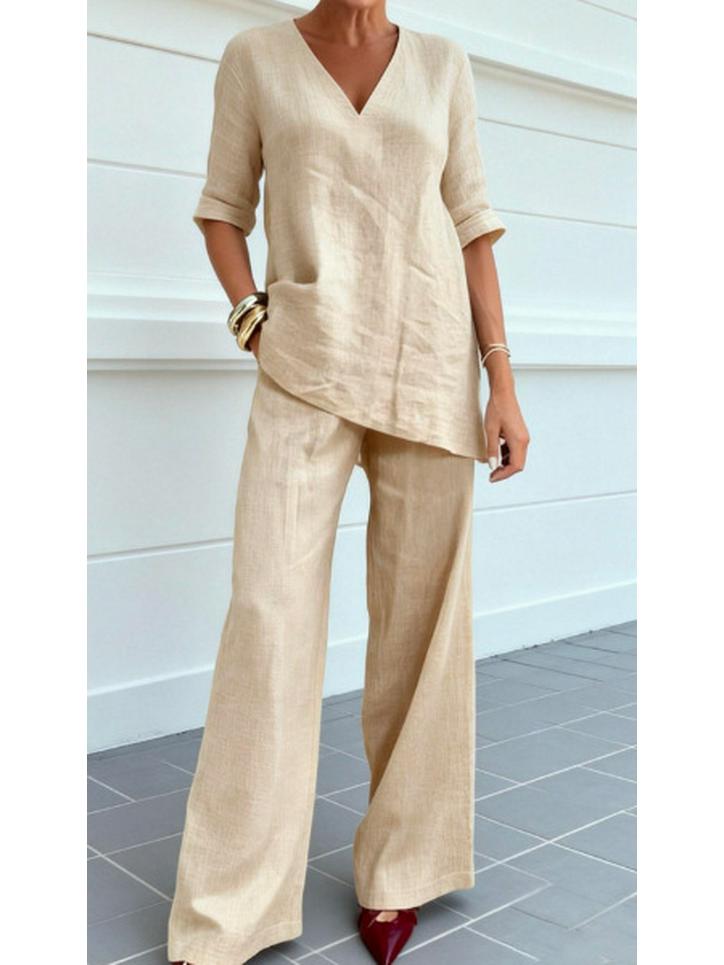 2026 European Cotton Linen Women's Casual Solid Color Two-Piece Set