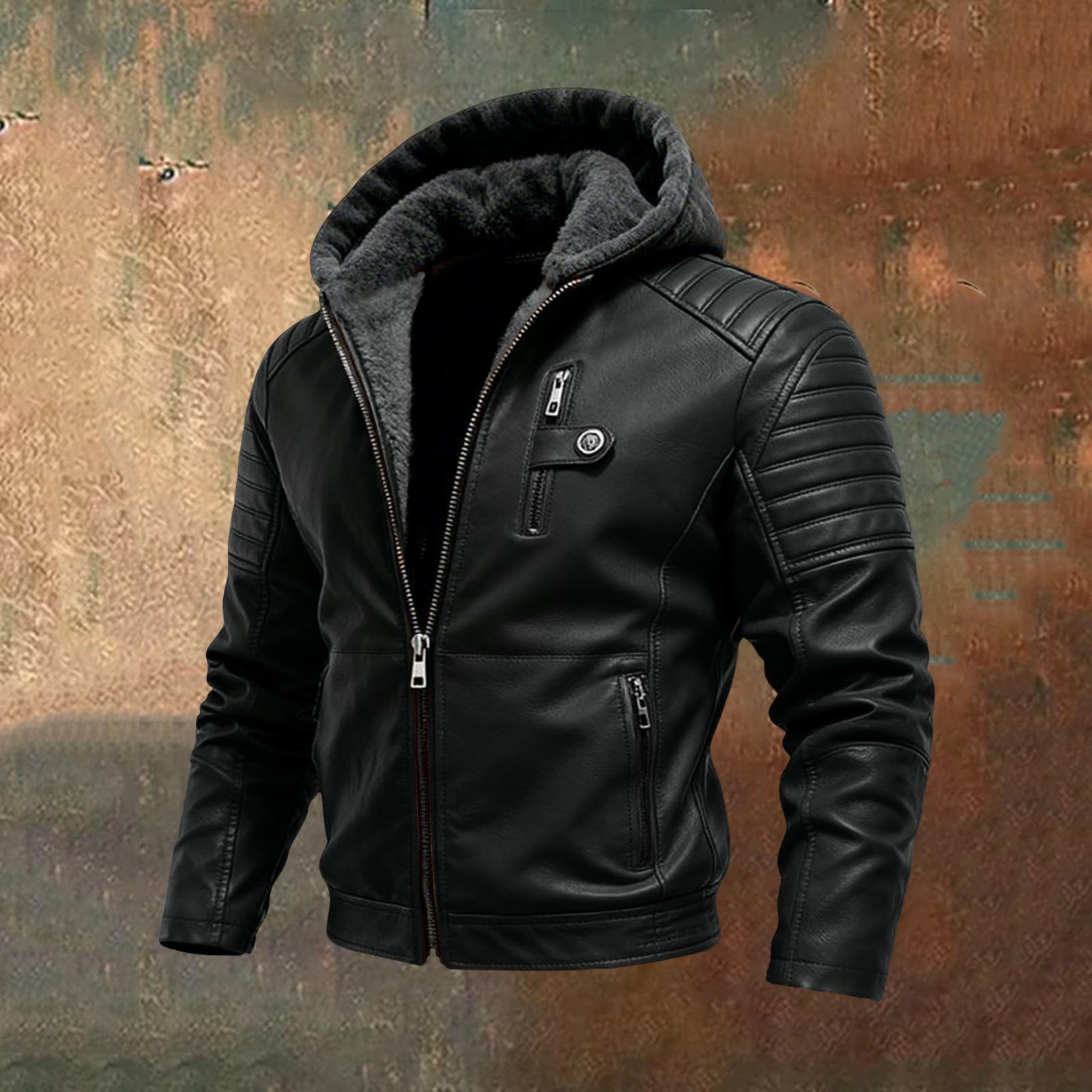 Men s Casual Fashion Color Leather Jacket With Zipper Hood L