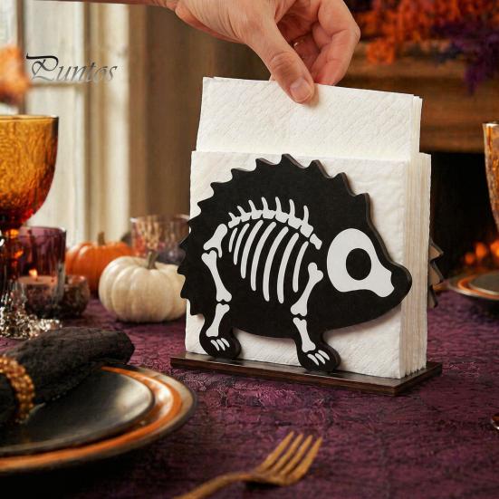 Dark Theme Table Organizer Halloween Wooden Napkin Holder, Ghost Pumpkin Skeleton Cat Bat Tissue Dispenser, Waterproof Gothic Room Decor Tabletop for