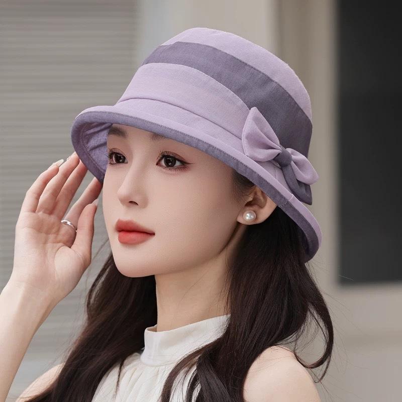 Sunscreen Cap Outdoor Breathable and Light Color Matching Bow Sun Hat Temperament Eugen Yarn Basin Hat Women