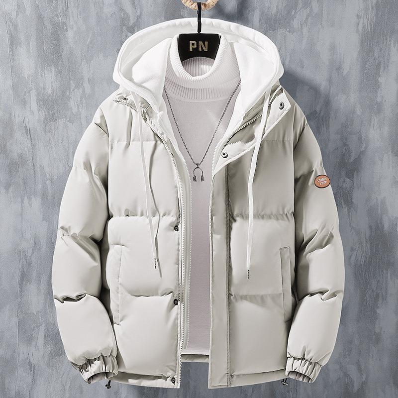 Fake two-piece cotton-padded coat for men's winter new thickened hooded couple velvet cotton-padded jacket trendy bread jacket for men