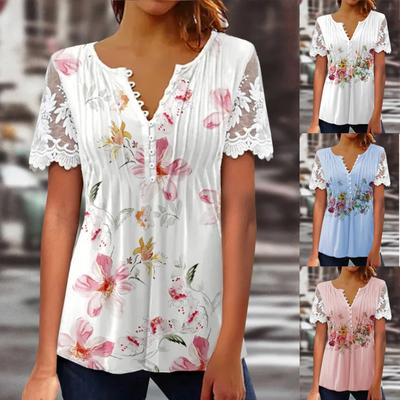 Women's V-Neck Lace Splicing Short Sleeve T-Shirt Fashion Ribbed Top Pullover