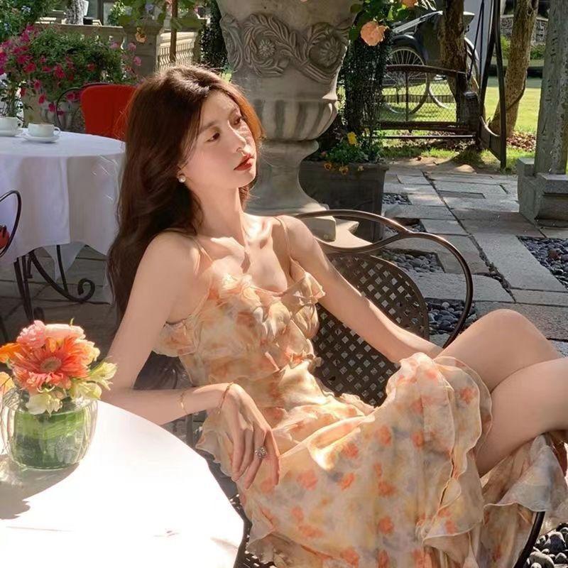 Vintage pure floral dress, new women's summer design niche French high-end slip long dress