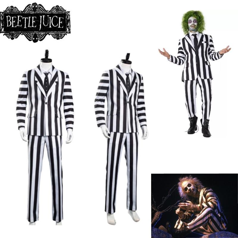 Costume Cosplay Beetlejuice Black And White Striped Suit Halloween Party Prop