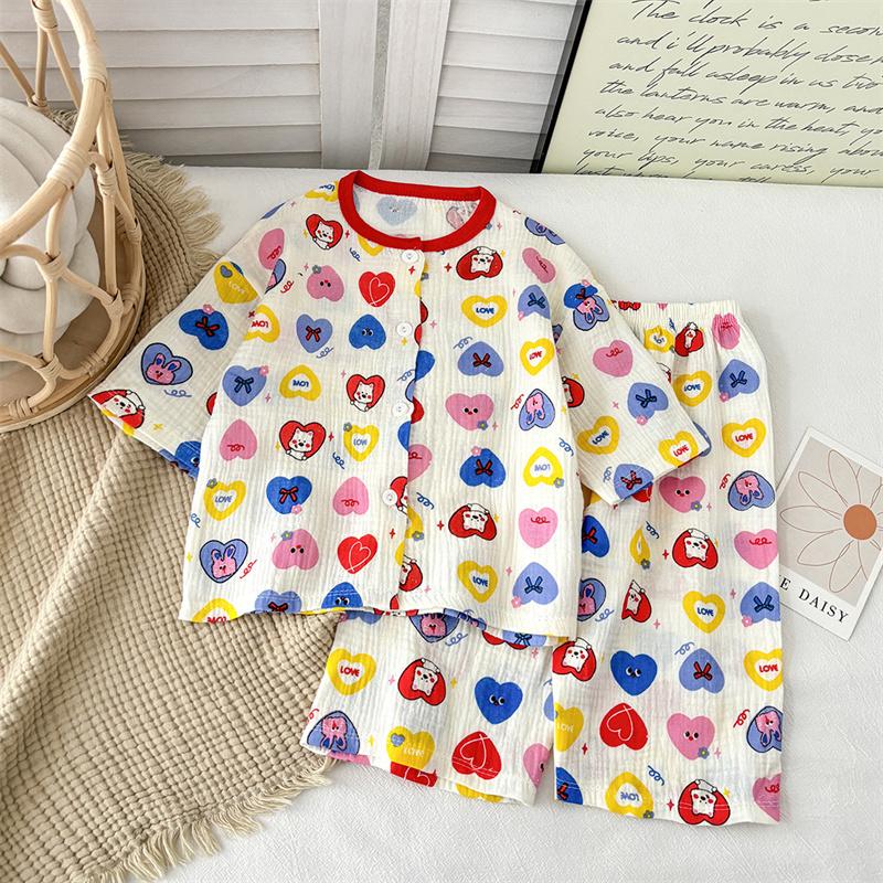 2026 Neues reines Baumwoll-Gaze-Schlafanzug-Set für Kinder für Frühling und Sommer Baumwollgarn Hauskleidung für Jungen und Mädchen