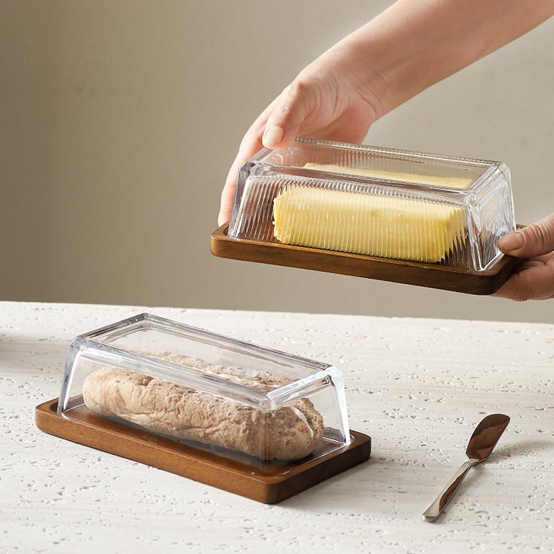 Creative Cheese Butter Plate Rectangular Wooden Tray Glass Cover Storage Box Cake Dessert Bread Dim Sum Plate Table Tableware