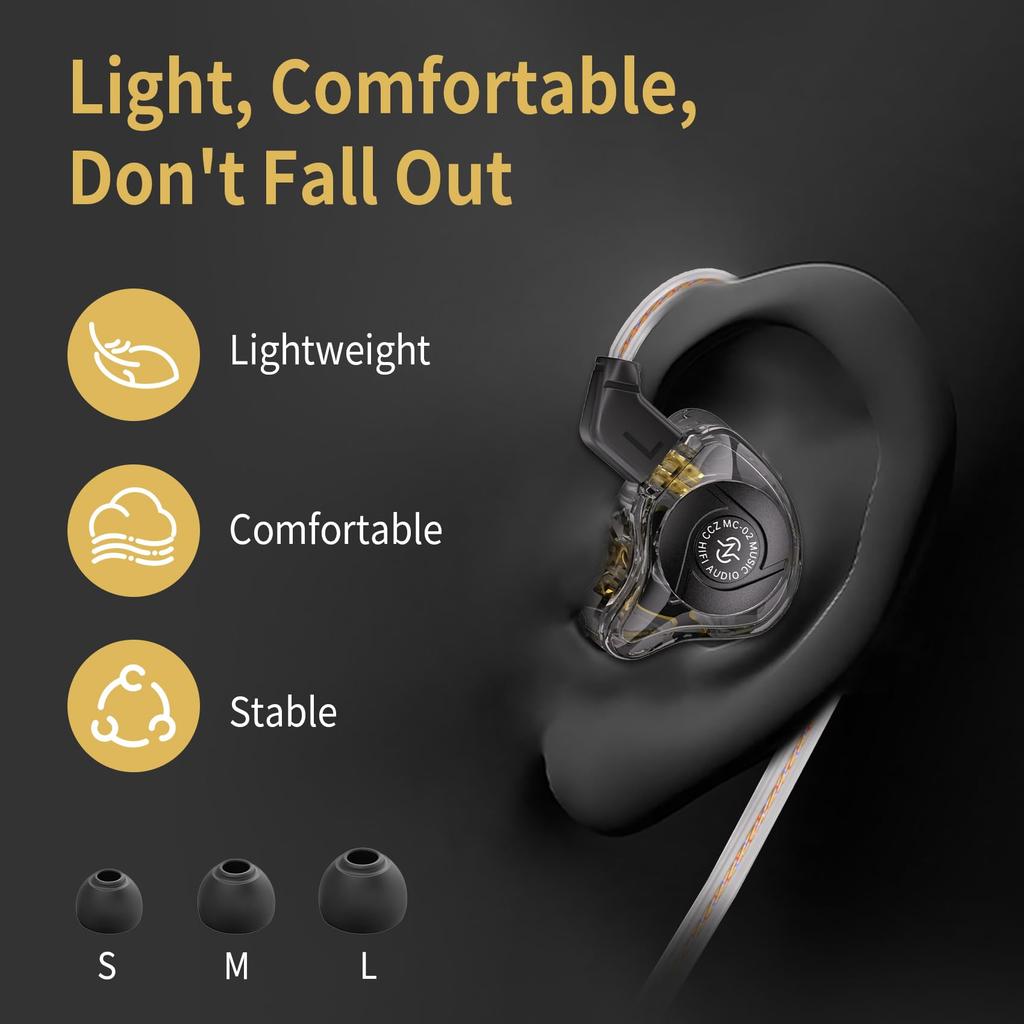 CCZ MC02 Gaming HiFi IEM Clear Crystal Sound Gaming 10mm 1DD Headphones with Patented Earphone Tips Ear Fins for Students No In-Ear Monitors,