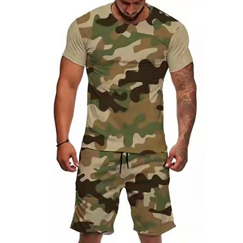 

Men s Graphic Camo / Camouflage 2pcs Tees sets Matching Casual Comfortable Outdoor Vacation Daily 3D Print Spring & Summer Blue Red Khaki 3XL