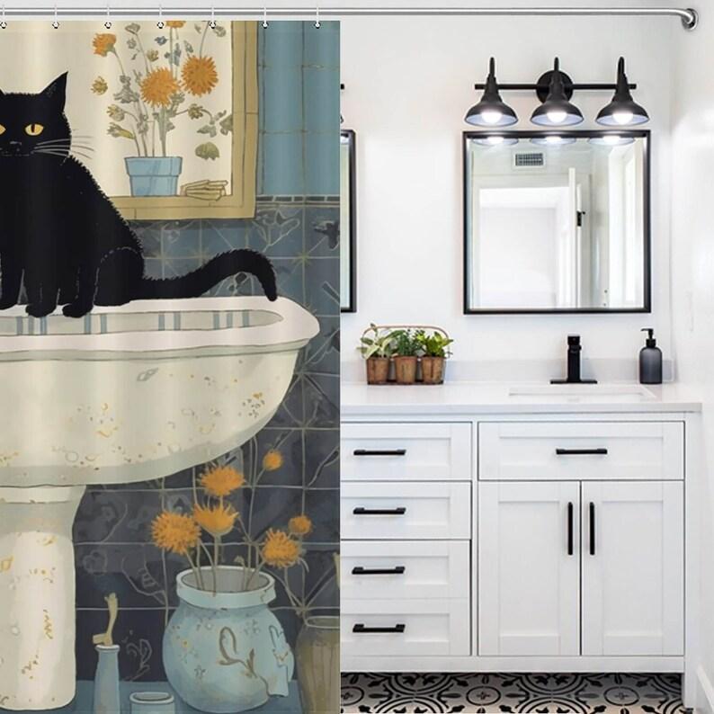 Black Cat Shower Curtain, Funny Cat Sit On The Wash Basin Bathroom Waterproof Curatin, Cute Animal Bathing Curatin