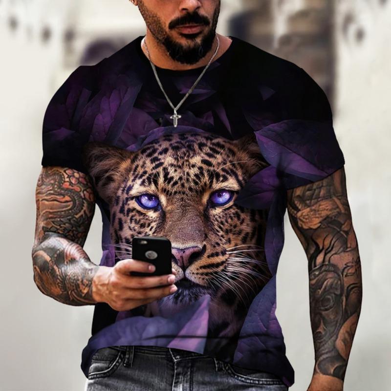 Vintage Animal T-Shirt Mens T Shirt 3d Fierce Leopard Print Tee Summer Short Sleeve Holiday T Shirt Loose Clothing Male Pullover